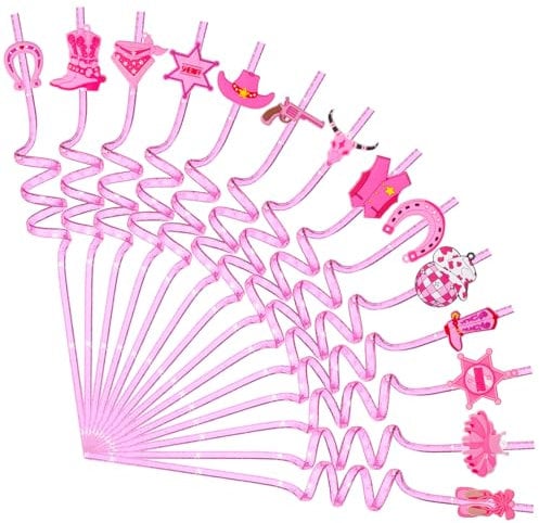 14-Pack Pink Cowgirl Straws Reusable Western Party Straws for Bachelorette, Birthday & Cowboy Theme Decor Cocktail Straw | 10.5 Plastic Drinking Straws with Fun Cowgirl Hats & Boots