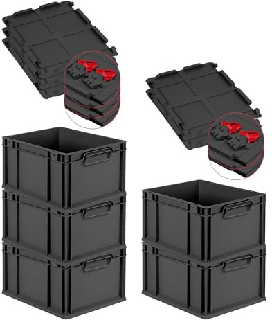 PROREGAL SuperSparSet 5x Eurobox NextGen Grip mit Scharnierdeckel & roten Schiebeschnappverschlüssen, HxBxT 22x30x40cm, 20L, Schwarz, Griffe zu, Eurobehälter, Transportbox, Transportbehälter