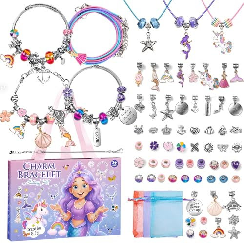 Zenmag Charm Armband Bastelset mit 65+ Perlen & Anhängern, Einhorn & Meerjungfrau Motive, DIY Schmuckset mit Armbändern, Halsketten & Geschenkbox, Ideal für Weihnachtsbasteln oder Geschenkideen
