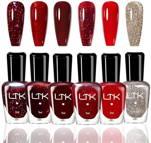 6PCS Rot Nagellack Set - Schonend und langanhaltend Nail polish auf Wasserbasis - Kein UV-Nagellack für DIY Nagelkunst Maniküre zu Hause, Vegan und tierversuchsfrei, Regular Farblack (RED)