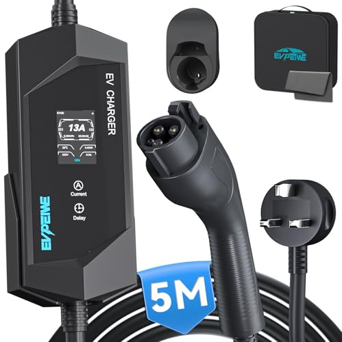 EVPEIWE Type 1 EV Charger with UK 3-Pin Plug, 5 Metre 13A Portable EV Charger Type 1 with Adjustable Current 6A/8A/10A/13A, 2.8kW J1772 Electric Car Charging Cable
