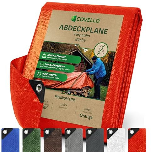 Covello Abdeckplane 3x5m, 140g/m² Plane Wasserdicht Gewebeplane Orange | Plane mit Ösen, Schutzplane, Reißfeste und UV-stabilisiert, Universal Tarpaulin Ideal für Gartenmöbel, Pool, Auto, Holz, Boot