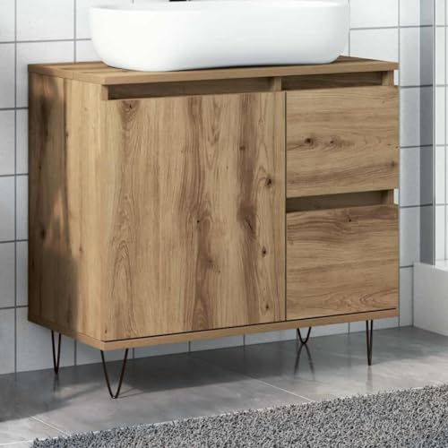 YunCangg Meuble sous lavabo en chêne Artisan 65 x 33 x 60 cm avec pieds en fer, gain de place, espace de rangement pour salle de bain, ensemble de meubles de salle de bain, robuste et fonctionnel