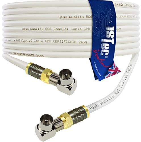 1STec 1m White Right Angled Gold F-connector Coaxial Male Plug to Plug Digital Freeview BT Youview Aerial Wall Socket to LED LCD Flat Screen TV or DVR Extension Cable (1 Metre, White)