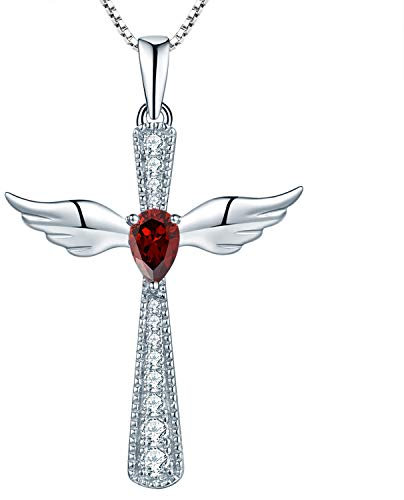 YL Collier Croix Aile D'ange 925 Argent La Janvier Pierre de Naissance Grenat Crucifix Pendentif Collier pour Femmes, Chaîne 45 + 3 CM
