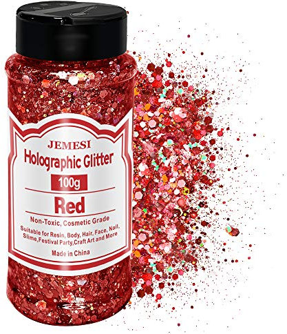JEMESI Holographische große Pailletten, 100 g, rot, Pailletten, Glitzer, für Gesicht, Körper, Haar, Epoxidharz, Pailletten, Gesicht, Festival
