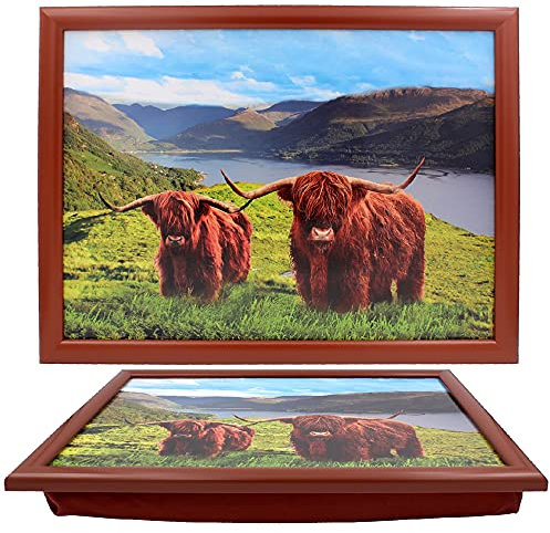 The Leonardo Collection Highland Cow - Bandeja de regazo para servir alimentos y desayunos, cómodas bandejas de regazo con cojín, bandeja de comida duradera para comer en el regazo, bandejas multiusos