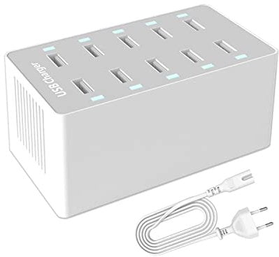 ANNCAY Cargador USB, 50W 10 Tomas USB, con tecnología de detección Inteligente, Fuente de alimentación USB múltiple al Mismo Tiempo, Adecuado para teléfonos Inteligentes, Auriculares, tabletas, etc.