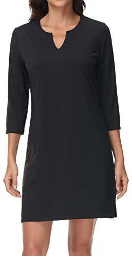 Lightbare Damen 3/4 Ärmel Kleid mit Taschen UPF 50+ Casual Sonnenkleid Atmungsaktiv Schnell Trocknend für Strand Wandern Outdoor Party, Schwarz, 3X-Groß