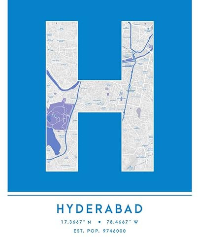 Hyderabad India City Map Blue Colour Block Modern Typography Stylish Letter Unframed Word Wall Art Print Poster for Home Décor CITYMAP1