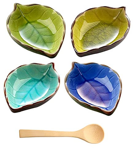 DIKEBAO 4Pcs Ceramic Sauce Dish Leaves Shape Handmade Sauce Bowls Mini Side Seasoning Dish Sushi Soy Sauce Dipping Condiment Dishes for Snack Sushi Fruit Appetizer Dessert Dinner Kitchen, 4 Colours