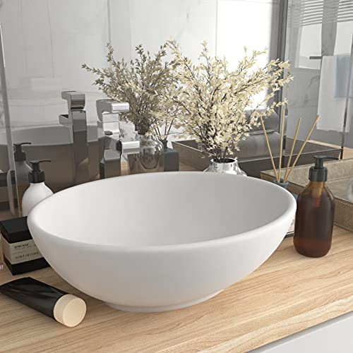 ZEYUAN Luxuriöses Ovales Waschbecken, Aufsatzwaschbecken, Bathroom Sink, Waschtisch, Ablaufgarnitur, Aufsatzbecken, Matt Weiß 40x33 cm Keramik