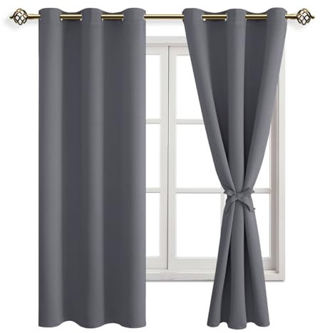 JIUZHEN Verdunklungsvorhänge mit Raffhalter Grau Vorhang Blickdicht Gardinen Ösenvorhang für Schlafzimmer Thermovorhang Wohnzimmer, 2 Stück, 183x117cm(HxB)