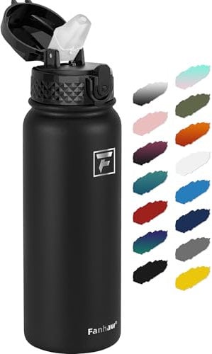 Fanhaw 600ml Stainless Steel Insulated Sports Water Bottles with Straw for Kids, Men and Women(Black)