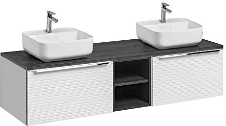 Lomadox Badmöbel Doppelwaschtisch-Unterschrank 150 cm, weiß gerillt mit Sherman Oak anthrazit,2 Keramik Waschbecken, Regal, Softclose-Auszüge, B/H/T ca.: 150/56,7/46 cm