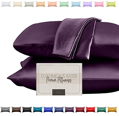 Elegant Comfort Silky and Luxurious 2-Piece Satin Pillowcase Set for Healthier Skin and Hair, Hidden Zipper Closure and Beautifully Packaged, Satin Pillowcase Set, King, Purple