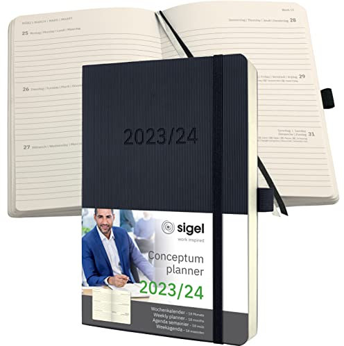 SIGEL C2406 Terminplaner Wochenkalender 2023/2024, ca. A5, schwarz, Softcover, 256 Seiten, Gummiband, Stiftschlaufe, Archivtasche, PEFC-zertifiziert, 18-Monatskalender, Conceptum