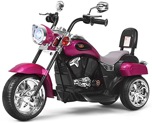 COSTWAY Moto Électrique 6V pour Enfants avec Phare Réglable de Haut en Bas, 3 Roues, Pédales et Dossier, Bouton Avant/Arrière, Style de Chopper, Charge Max 30KG pour Enfants de 3 Ans +(Rose)…