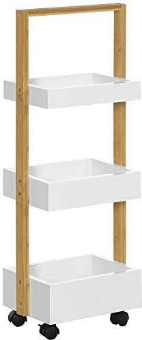 HOMCOM Chariot de Rangement à 3 Niveaux desserte étagère de Rangement à roulettes pour Salle de Bain Cuisine 28 x 18 x 75 cm en Bambou et Bois Blanc