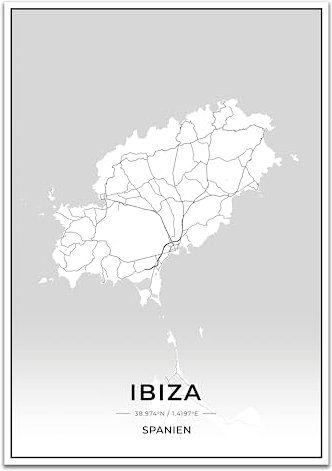 Vacentures Ibiza Karten Poster - Premium Wandbild ohne Bilderrahmen I Moderne Wanddeko für Wohnzimmer oder Schlafzimmer I Hochwertiger Druck (Schwarz Weiss, 30x40 CM)