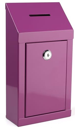 Metall-Spendenbox für Wohltätigkeitsorganisationen, Stahl, Sammelbox mit Vorschlagschlitz und Schloss, inklusive Schlüsseln, Wandmontage mit vorgebohrten Löchern, 25,4 x 15,2 x 6,3 cm, lila