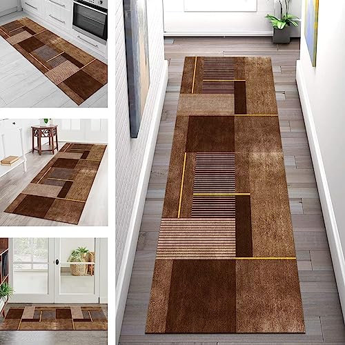 Teppich Läufer Flur Küche rutschfest waschbar Teppichläufer Lang Korridor Tepiche 60X200CM Braun Gelb Küchenläufer Bodenmatte Meterware Kücheteppich Schlafzimmer Wohnzimmer Flurmatten Breit 40-120cm