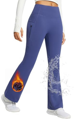 baleaf Damen Fleece Lined Thermo Yogahose Bootcut Flare Leggings High Waist Warmhose Winterhose Cargohose mit Taschen Blau L