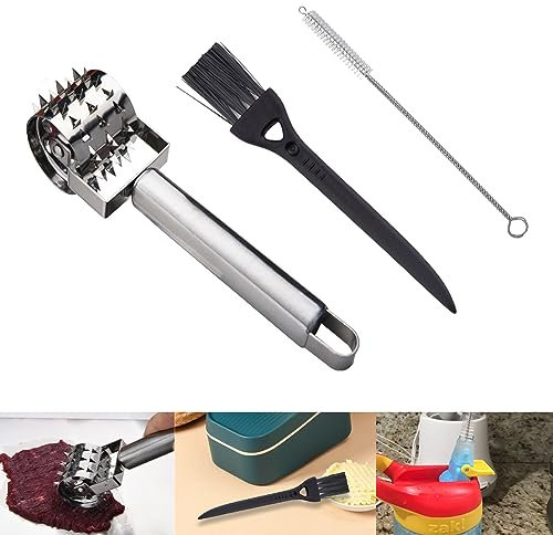 ANROI Hochwertiger Fleischklopfer aus Edelstahl - Mallet- und Roller-Typ，Perfekt zum Marinieren von Fleisch wie Steaks und Schweinekoteletts， Inklusive kleiner Haarbürste