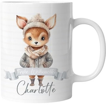 timalo® Tasse personalisiert mit Namen Geschenk „Frohe Weihnachten“ Kaffeetasse Jungen und Mädchen | Reh-3