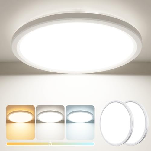 [2 Stücke] Deckenleuchte LED Deckenlampe, IP44 Badlampe Flach 3000K/4000K/6500K 1800LM 18W Rund mit Hinterleuchtung, Modern Ultra Dünn Lampe für Badezimmer, Schlafzimmer, Wohnzimmer, Küche 23cm