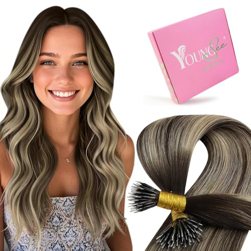 YoungSee Nano Beads Hair Extensions Brown 24 inch Nano Hair Extensions Balayage Dark Brown with Ash Blonde Nano Ring Human Hair Extensions Ombre for Wedding Long Straight Cold Fusion 50s 50g
