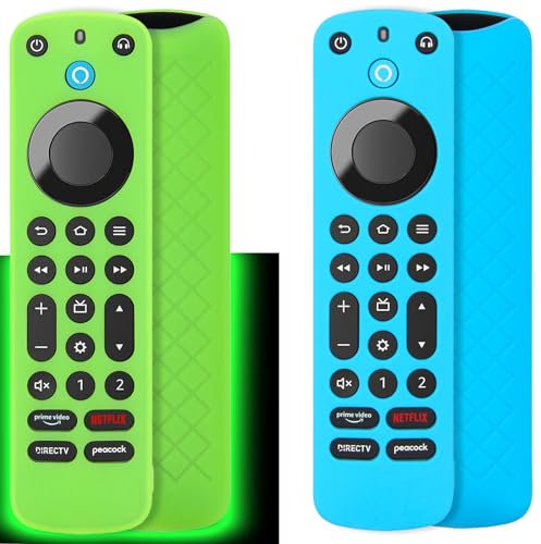 Pinowu Silikon-Schutzhülle (2 Stück), kompatibel mit Alexa Voice Remote Pro, rutschfeste Silikon-Schutzhülle mit Umhängeband für Fire TV Cube Remote Pro (Grünes Glühen & Türkis Nicht Leuchtend)