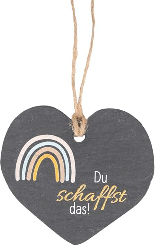 Butzon & Bercker Schieferherz Du Schaffst Das - Herzanhänger mit Regenbogen | Hochwertige Wand-Deko im Format 7,6 x 8,5 cm, Schiefertafel zum Aufhängen, dekoratives Herz mit Lettering-Spruch