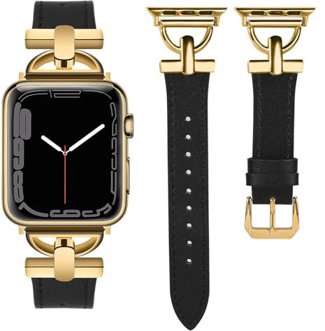 Wearlizer Leather Band Compatible with Apple Watch Strap Women 42mm 44mm 45mm 49mm Ultra 2, Dressy Fancy Leather Strap for iWatch Bands Series 9 8 SE 7 6 5 4 3 2 1 Black/Gold Buckle