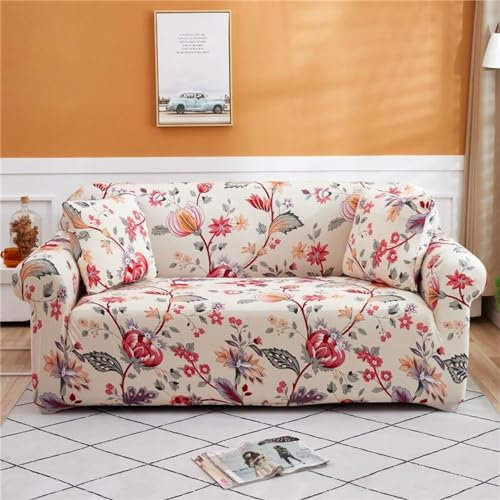 Couchbezug Stretch Sofa Überzug rote Blumen Elastische Couch Überzug Universal Sofa Überzug 3 Sitzer, Sofaschoner rutschfest Hund Katze für Wohnzimmer
