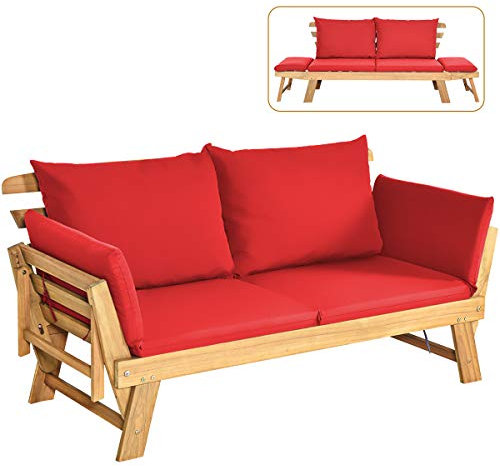COSTWAY Divano Letto 2 Posti da Esterno in Legno di Acacia con Braccioli Regolabili, Sdraio da Giardino con Cuscini, Chaise longue Pieghevole per Giardino, Piscina, Cortile (Rosso)