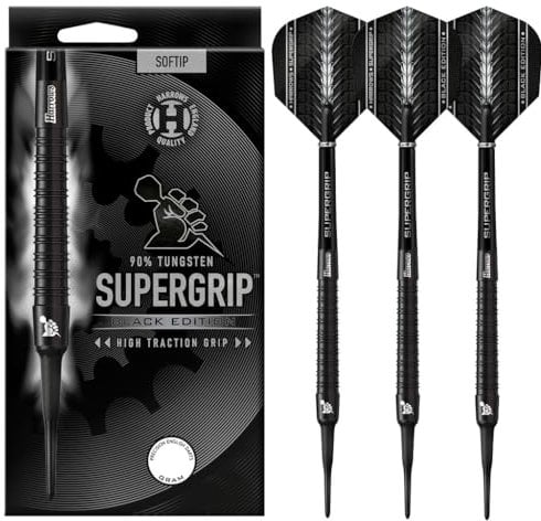Harrows SUPERGRIP Black Edition 90% Wolfram-Dart-Set mit weicher Spitze. Erhältlich in 16 g, 18 g, 20 g – inklusive Supergrip-Schäften und Supergrip-Flights-16g