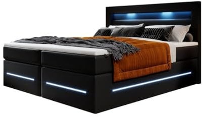 Boxspringbett Sevilla 180x200 Doppelbett Polsterbett Bett mit LED-Beleuchtung und Stauraum | Bezug: Kunstleder | Farbe: Schwarz | Härtegrad: H3 (70-100kg)