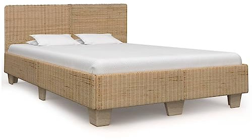 THOYTOUI Bettrahmen, Seniorenbett Betten Bettgestell Bettsystem Geeignet für Wohnung Mehrbettzimmer Hotel Gästezimmer Handgewebt Echtes Rattan 140x200 cm