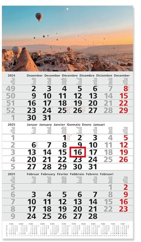 Timr 3-Monatskalender 2025 Ballonfahrt I Fußleisten-Jahreskalender 30 x 53 cm I mehrsprachig D/GB/F/I/E/NL Jahresplaner mit Schieber und Aufhängeöse I tr277