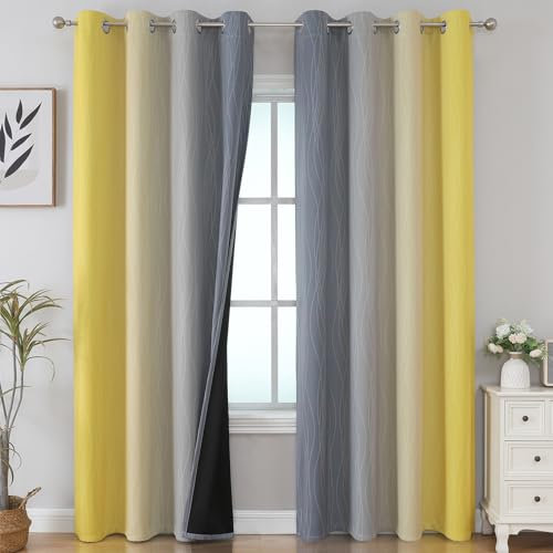 VEHEDE Farbverlauf Ombre Gelb und Grau Verdunklungsvorhänge Thermovorhang Kälteschutz Gardinen mit Ösen Schlafzimmer, Schallschutz Vorhänge Blickdicht gegen Kälte Wohnzimmer, H 214 x B 132 cm, 2er Set