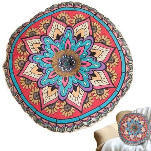 Generisch Boho Sitzkissen, 40x40 cm, Leinen, PP-Baumwolle, Rund, Bequem, Bodenkissen, Sitzerhöhung, Stuhl, Sesselauflage, Indoor und Outdoor