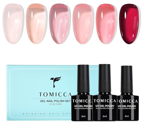 TOMICCA Vernis Semi Permanent, 6 Couleurs Rose Nude Rouge Transparent Gel Couleur Naturelle, Vernis à Ongles UV Naturel Soak-Off UV LED Manicure Gel Lacquer Varnish pour onglerie DIY Home, 8ml