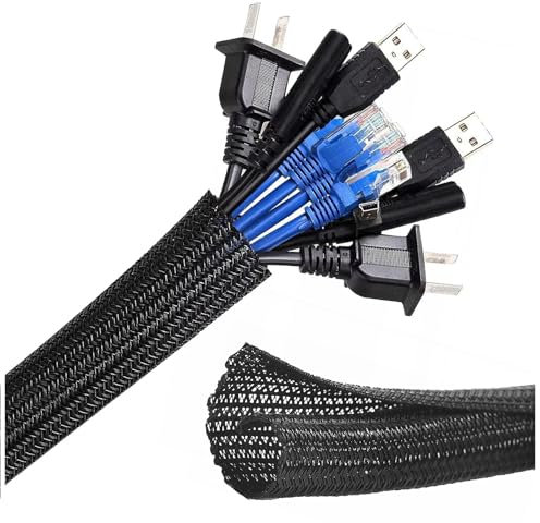 Cable Tidy Sleeve Management Tube - 3M Self Adhesive Protector, Fire Proof Wire Tidy Organiser, Desk Cable Management Organisers, Cord Wrap Protector, Reusable Cable Ties for TV, PC, Home (Black)