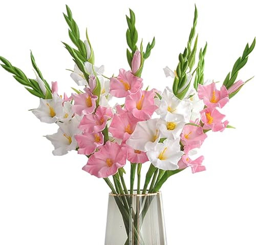 Lovmeety 6Pcs Artificial Gladiolus Flowers White and Pink Fake Gladiolus Flowers Silk Gladiolus Flowers with Stems Fake Gladiolus Flowers for Wedding Garden Home Party Table Floral Arrangement