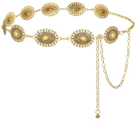 WERFORU Damen Western Kettengürtel Verstellbar 110-150cm Taillenkette Metall Gold/Silber Cowgirl Accessoire für Kleider Party Hochzeit Antikes Gold