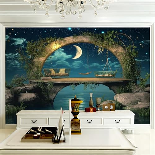 Fototapete Fantasy Nacht Ruhe Blau Gold 300 X 210 Cm(Wxh) Panorama-Wandbild Für Wohnzimmer Und Kinderzimmer | 3D-Effekt Vliestapete Mit Uv-Beständigkeit - Premium Wanddeko & Tapete