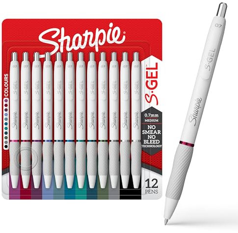Sharpie S-Gel | Gelstifte zum Schreiben | Mittlere Spitze (0,7mm) | Verschiedene Tintenfarben | Weißes Perlmuttgehäuse | 12er-Pack