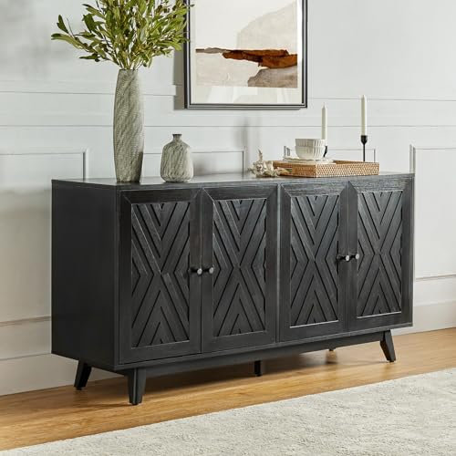 HULALA HOME Mid-century Sideboard with 4 Doors and Adjustable Shelves, Large Sideboard Storage Cabinet Wooden TV Stand Cabinet for Living Room Dining Room, Black