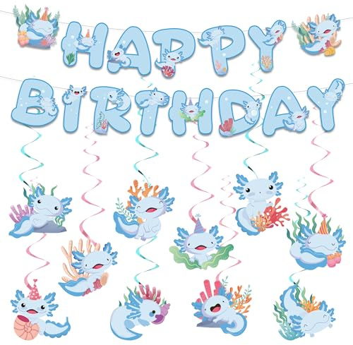 Axolotl Geburtstagsparty-Dekorationen, Banner – 12 Stück, blaue Dekoration, Happy Birthday-Banner, Hintergrund, Mini-Axolotl-hängende Wirbel, niedliche Tiere, Foto-Hintergrund für Mädchen, Jungen